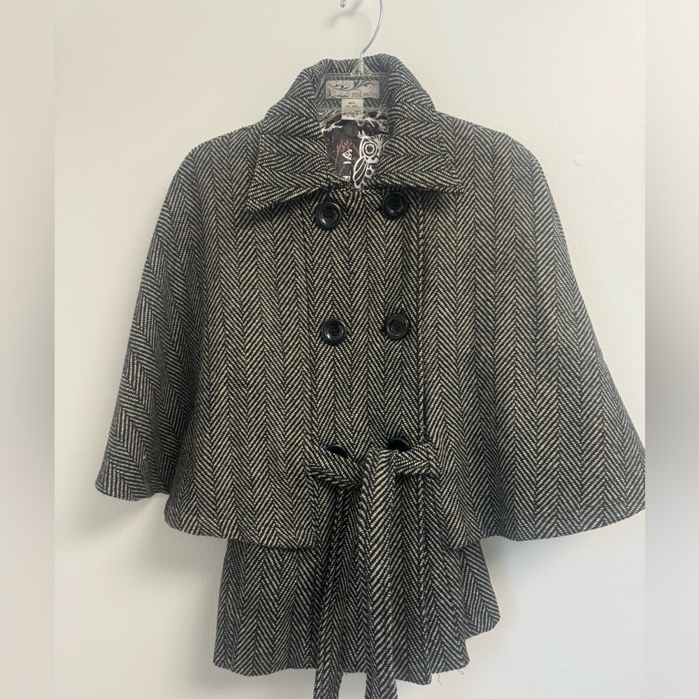 Steve Madden Black and Cream Herringbone Coat/Cape
